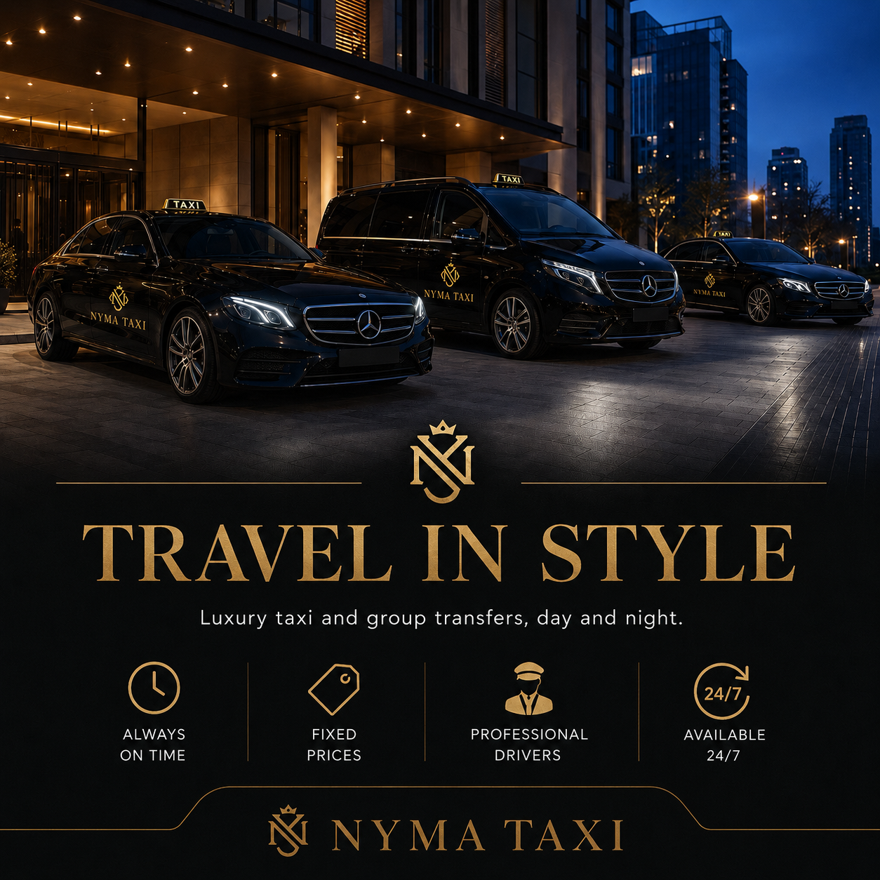 Nyma Taxi fleet with taxis and passenger van